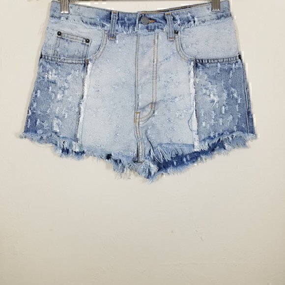 CarmarTitania Distressed High Rise Two Tones Button Fly Raw Hem Jean Shorts
